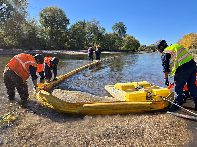 Hazmat training includes placement of booms on water.